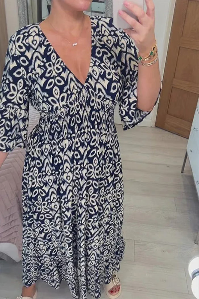 Casual Bohemian Long Dress with Print, V-Neck, Waist Tie