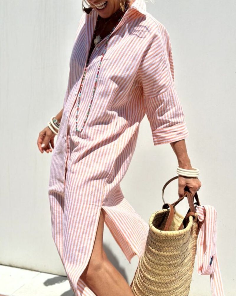 COLEN – Classic Striped Shirt Dress with Waist Tie