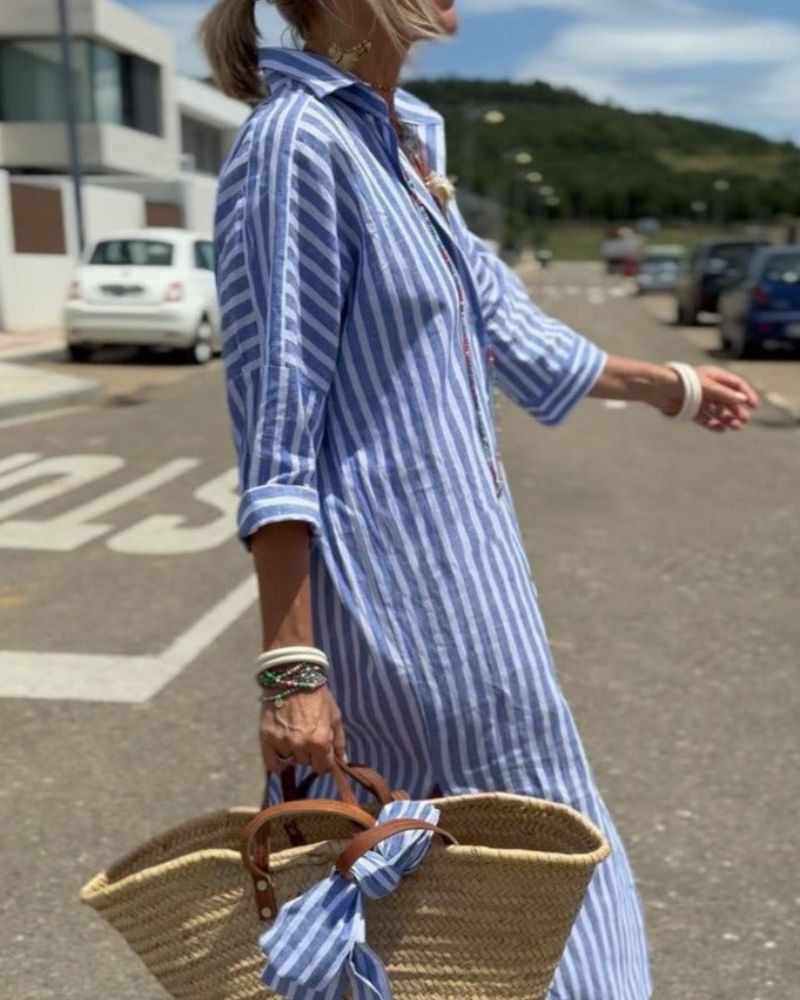 COLEN – Classic Striped Shirt Dress with Laces