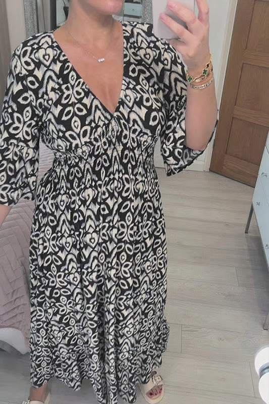 Casual Bohemian Long Dress with Print, V-Neck, Waist Tie