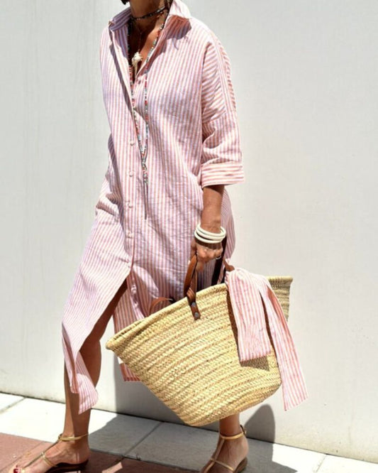 COLEN – Classic Striped Shirt Dress with Waist Tie