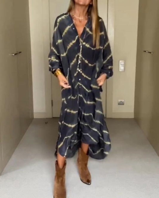 BOMEA – Long Bohemian Striped Dress with Long Sleeves